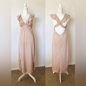 Vintage Daffy California Orange Floral Criss Cross Flutter Summer Midi Dress